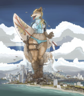drawing giantess furry tail anthro city blonde color large_breasts long_hair destruction blue_eyes clothed barefoot water ocean helicopter island paws piercings airplane walking open_mouth boats thighs outdoors jewelry necklace ships earrings bikini_bottom sharp_teeth paw_pads surfboard bare_legs bare_midriff looking_at_tinies scream_(artist) ali