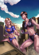 breasts drawing giantess panties city mega blonde color large_breasts long_hair destruction rampage cleavage bra buildings angry brunette short_hair supergirl muscles fighting giantesses hand_crush top vehicle_crush dc_comics bare_midriff cric ursa
