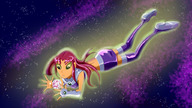 breasts drawing growth giantess giga alien space color long_hair butt clothed planet skirt green_eyes teen_titans red_hair starfire boots top belt stars floating riadorana dc_comics cosmic_giantess orange_skin bare_midriff