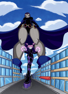 drawing giantess city mega color large_breasts high_heels purple_hair multiple_sizes pink_hair raven teen_titans street looming giantesses magic towering outdoors cape belt leotard looking_at_tiny dc_comics bare_legs grey_skin ravenravenraven jinx_(teen_titans)