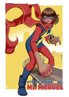 drawing giantess mega dog color bridge handheld brunette brown_eyes parody mask dark_skin straddling costume scarf attack_of_the_50_foot_woman ms_marvel marvel_comics kamala_khan snibbits lockjaw