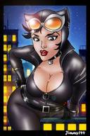 breasts drawing giantess city mega black_hair color large_breasts blue_eyes cleavage buildings gloves bending_over heart mask batman night costume catsuit cape goggles belt stars catwoman leaning_forward zipper thief dc_comics jimmy144