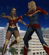 breasts giantess city mega blonde black_hair large_breasts long_hair armor crossover skirt buildings gloves boots muscles fighting giantesses fist costume wonder_woman bracelet tiara digital_render dc_comics ms_marvel marvel_comics roodedude captain_marvel