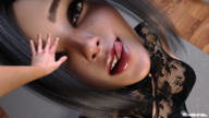 black_hair cleavage point_of_view licking_lips looking_at_viewer digital_render see_through_clothing evel-inc