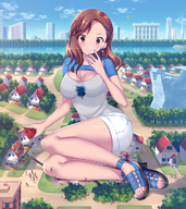 drawing giantess blushing city destruction clothed cleavage smiling sitting sandals looking_down earrings crowds running_away cleavage_window craytm