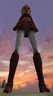 Mega lekku giantess horns mega alien robot blue_eyes skirt desert gloves boots foot_crush star_wars towering point_of_view belt hands_on_hips bellybutton looking_at_tiny digital_render orange_skin togruta roodedude bare_midriff ahsoka_tano jedi ahsoka battle_droid