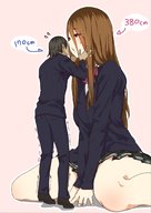 drawing long_hair clothed brunette mini_giantess sitting uniform thick_thighs uru no_background
