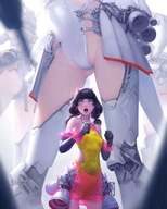 drawing blushing horns black_hair color long_hair low_angle mini_giantess twintails looking_up jet_engine poibuts