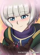 drawing gentle white_hair blushing color blue_eyes handheld gloves shrunken_man looking_at_tiny micromike