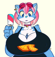drawing furry cat anthro color blue_eyes clothed cleavage huge_breasts ice_cream ducky pink_hair collar sunglasses earrings no_background looking_at_tiny between_breasts