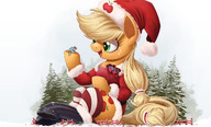 drawing gentle giantess furry tail blonde color long_hair destruction clothed handheld green_eyes smiling christmas sitting blue_skin open_mouth snow hooves outdoors santa_costume trees fence my_little_pony rainbow_dash applejack looking_at_tiny orange_skin ncmares yohomeboync yohomeboyraps cutie_mark
