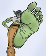 drawing feet color clothed toes barefoot soles low_angle muscles looking_down toe_ring point_of_view looking_at_viewer raised_foot goblin imminent_crush no_background green_skin pointed_ears bare_midriff dandan245