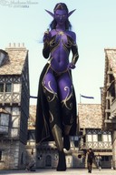 giantess city purple_hair elf world_of_warcraft outdoors night_elf glowing_eyes digital_render madamemaeve
