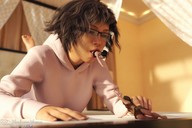 vore clothed glasses brunette shrunken_woman shrunken_man digital_render madamemaeve