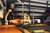 gentle giantess buildings green_hair sitting giantesses looking_at_viewer digital_render madamemaeve