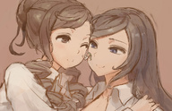 drawing color long_hair brunette smiling shrunken_woman no_background kazo one_eye_closed