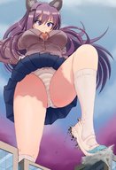 drawing giantess panties mega upskirt color large_breasts buildings purple_hair purple_eyes uniform looking_down stuck_to_foot doki_doki_literature_club monika ncmares yohomeboync yohomeboyraps