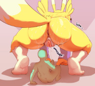 drawing gentle nude pussy furry anthro color butt digimon sweat mini_giantess ass_worship large_butt willing crouching wet_pussy renamon morpp