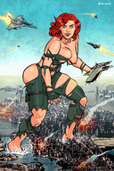 breasts drawing nipples giantess collage city mega color large_breasts destruction blue_eyes handheld barefoot rampage water ocean gloves red_hair parody looking_down jets new_york_city giantessfan ripped_clothing jumpsuit aircraft_carrier attack_of_the_50_foot_woman black_widow helicarrier marvel_comics