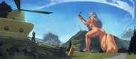 drawing giantess nude mega color barefoot gun helicopter kneeling looking_down mountains point_of_view looking_back kononiko