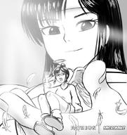drawing gentle wings monochrome black_hair long_hair clothed handheld glasses sitting vivian sunny waving halo feathers micromike
