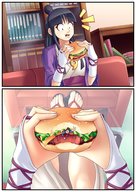 drawing comic black_hair color long_hair blue_eyes clothed sitting sandals shrunken_man eating indoors flip_flops necklace ace_attorney phoenix_wright hamburger maya_fey thunderafterdark top_knot
