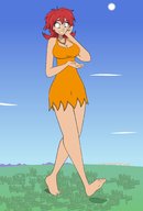 drawing giantess color large_breasts handheld barefoot cleavage smiling red_hair short_hair walking looking_down forest outdoors necklace candyrocks_gts