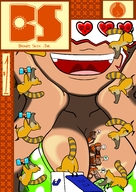 bikini drawing giantess comic shrunken_people cover_page bronze_skin between_breasts entrecoxas tanooki