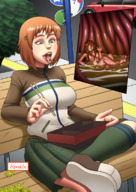 drawing giantess vore tongue red_hair short_hair sitting shrunken_woman soft_vore chopsticks freckles internal_view spokle cutaway kim_pine scott_pilgrim_vs._the_world scott_pilgrim