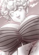 drawing micro monochrome huge_breasts sweat smiling short_hair dragon_ball unaware earrings mrs._briefs between_breasts ourhandsh question_mark