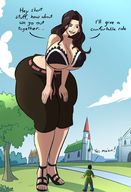 drawing gentle giantess color cleavage bra high_heels looking_down outdoors fairy_tail bending_forward looking_at_tiny cana_alberona caiman2 huge_butt huge_breast