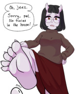 drawing giantess horns black_hair claws clothed barefoot skirt glasses short_hair looking_down commission raised_foot dialogue purple_skin imminent_crush no_background