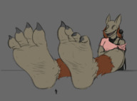 drawing feet furry anthro color clothed toes barefoot soles smiling sitting sketch shrunken_person on_table sharp_teeth looking_at_tiny