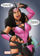 vore black_hair large_breasts long_hair tongue cleavage glasses bottle shrunken_woman open_mouth dark_skin belt dialogue imminent_vore monster_hunter thick_thighs emmagear spokle catherine_the_titan leahsizestuff