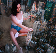 giantess collage city mega black_hair long_hair destruction clothed cleavage buildings smiling sitting debris