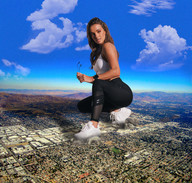giantess collage city long_hair destruction buildings brunette smiling sunglasses outdoors crouching looking_back