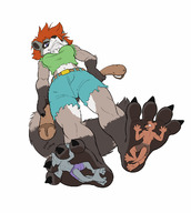drawing feet furry anthro color clothed toes barefoot soles low_angle smiling paws shrunken_men sandals foot_crush raccoon looking_down otter ripped_clothing under_feet eccentricchimera shark_boy