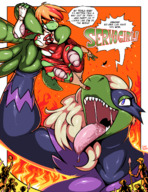 drawing vore furry dragoness anthro blonde dragon color tongue text handheld saliva high_angle superhero open_mouth reptile mask dangle ripped_clothing imminent_vore sharp_teeth scalie shyguy9 skintight_clothing