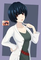 drawing vore clothed cleavage smiling short_hair throat_bulge no_background persona_5 tae_takemi khalcifieron