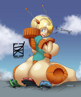 drawing giantess butt_crush huge_breasts smiling short_hair sitting vehicles looking_back big_butt dialogue helmet dkdevil