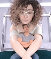 clothed glasses brunette smiling short_hair mini_giantess sitting looking_down hugging indoors curly_hair freckles boomgts digital_render
