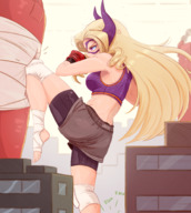 drawing city blonde color long_hair clothed buildings purple_eyes shorts standing punching_bag boxing_gloves my_hero_academia bare_midriff mt._lady ncmares yohomeboync yohomeboyraps scale_model_city