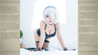 white_hair cleavage low_angle smiling story short_hair crawling point_of_view hairband themouthsofbabes