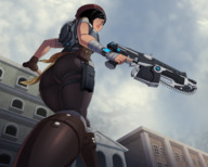 drawing gentle giantess city black_hair color butt clothed gun buildings low_angle weapon walking pants outdoors hat looking_back gears_of_war ravenravenraven kait_diaz
