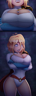 breasts drawing giantess earth giga blonde space color destruction blue_eyes planet huge_breasts breast_crush gloves short_hair standing thighs cape planet_destruction leotard stars power_girl superheroine dc_comics cosmic_giantess bare_legs ravenravenraven between_breasts