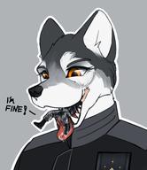 drawing gentle giantess furry wolf anthro color tongue clothed saliva military uniform looking_down open_mouth inside_mouth willing mouth_play orange_eyes sharp_teeth no_background gasmaskfox