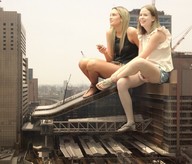 giantess collage city blonde long_hair smiling sandals giantesses outdoors chainorchid