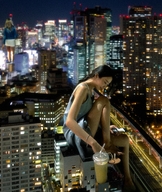 giantess collage city black_hair long_hair buildings smiling ponytail sitting giantesses outdoors chainorchid
