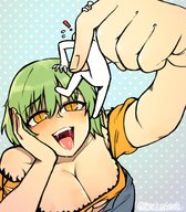 cleavage yellow_eyes green_hair open_mouth shrunken_person between_fingers no_background hollewdz