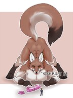 drawing gentle giantess insertion nude furry blushing tail anthro color large_breasts tongue cleavage fox yellow_eyes willing all_fours dialogue sex_toy no_background looking_at_tiny gasmaskfox inside_dildo dizzie